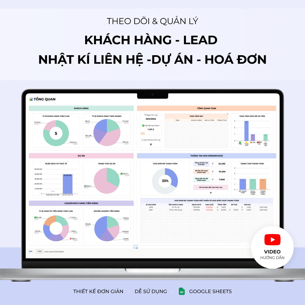 Quản lý khách hàng, lead, task, nhật kí liên hệ, dự án & hoá đơn spreadsheet template